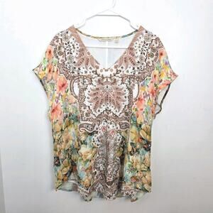 Soft Surroundings Multicolor Floral Beaded Sequin Paisley Artsy Shirt Size Large